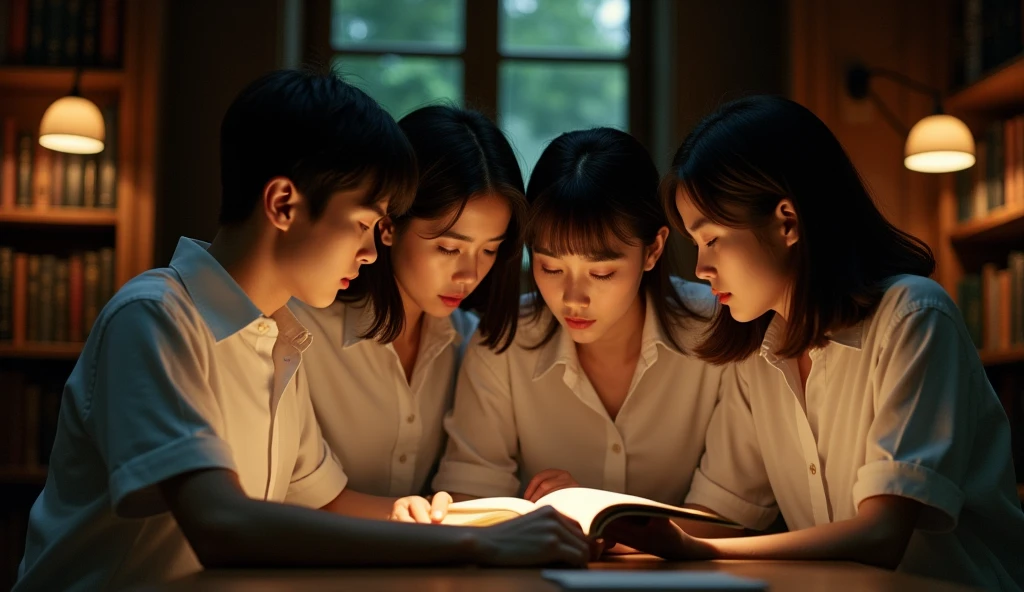 A group of students wearing white shirts gathered in a dimly lit library, their faces illuminated by the warm glow of the reading lamps. They whisper secrets about a mysterious, hidden garden within the university grounds.