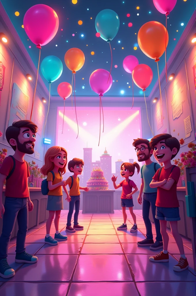 A cartoon party room, the hall floor is square with colorful lights and party balloons