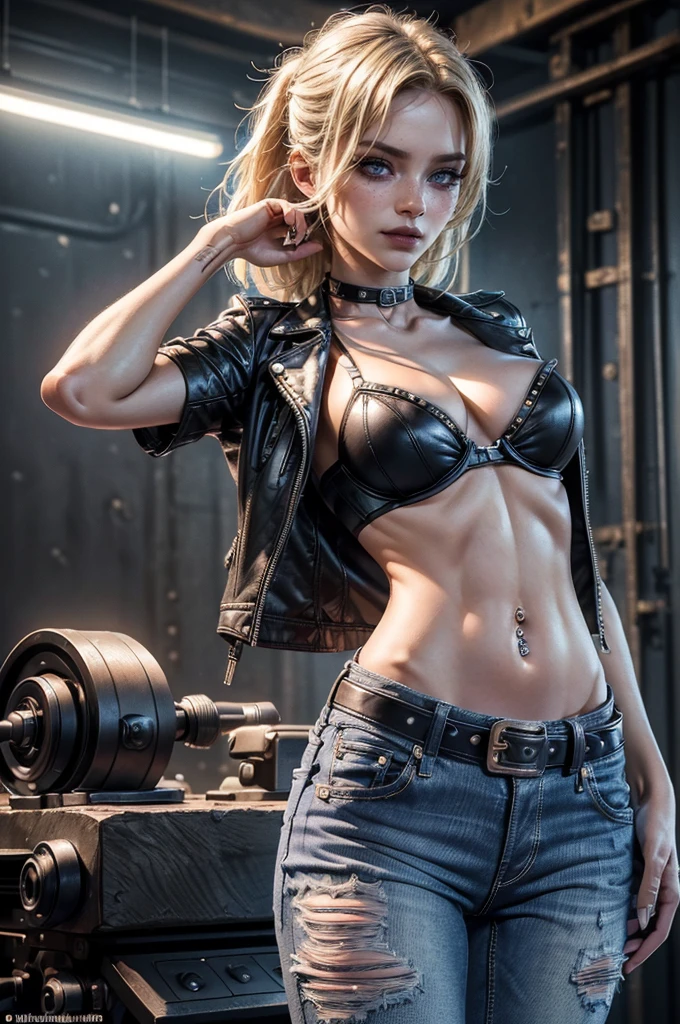 cowboy shot,a pretty young girl,blond hair,blue eyes,smiling,lora_Emma,tall,very slim body,thin waist,large breast,punk,(black small leather jacket with short sleeves),(short sleeves),(leather bra),cleavage,(ultra low rise worn down and dirty jeans),(studded belt),((((long navel piercing))),thin black collar,empty studio,(exposed thong straps),(best quality,4k,8k,highres,masterpiece:1.2),ultra-detailed,(realistic,photorealistic,photo-realistic:1.37),dramatic lighting,cinematic,fashion photography,studio lighting,high contrast,vivid colors,beautiful detailed eyes,beautiful detailed lips,extremely detailed eyes and face,long eyelashes, hair over one eye, ((professiona model pose))