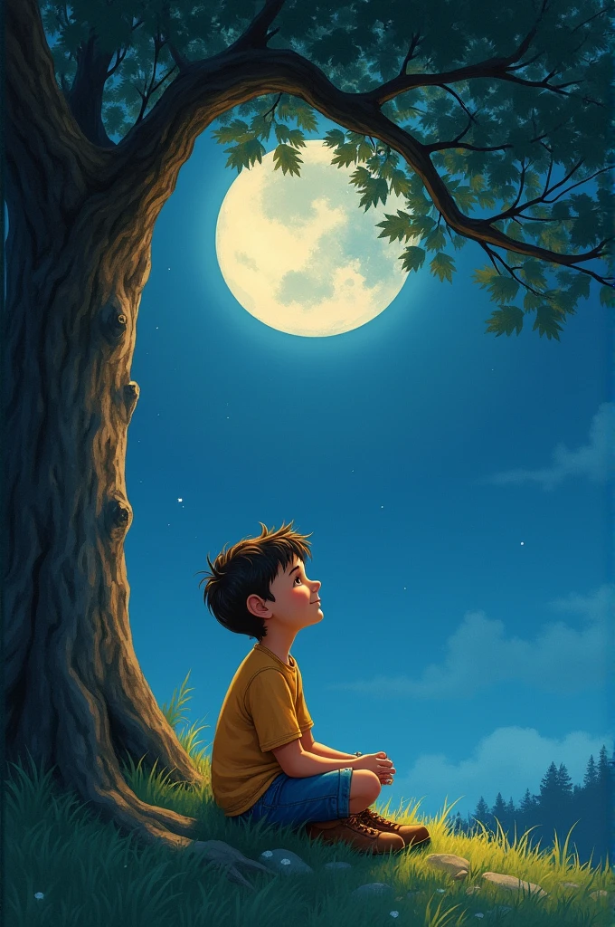 Show a  (boy) outside, sitting under the oak tree at night, looking up at the moon. The moonlight bathes him in a soft glow, and he has a gentle smile on his face, feeling his friend's presence. Make this a children's book art style. The lighting must be soft. Similar to a watercolor style painting.
