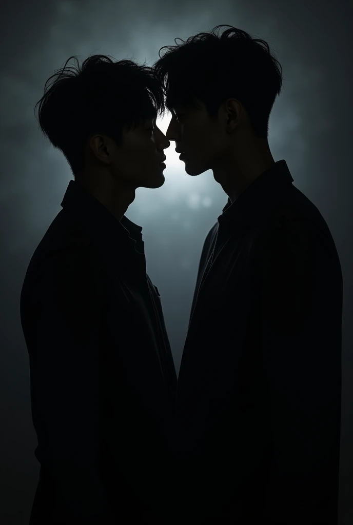 Peux tu faire deux hommes en train de se regarder romantiquement de vue de dos dans le noir ou on voit juste les silouhettes. Je veux qu’on voit que leurs ombre . Je veut qu’on voit que leurs silhouette. Je veux pas qu’on voit leurs visage. Une image ou que les visage sont vu pas le corp. Plus rapprocher leurs visgae. Deux hommes apparence coreen. Je veux que l’image ressemble à la couverture de l’album de taeyeon to x