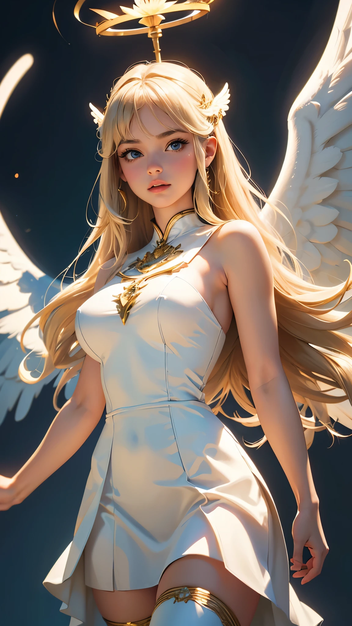 (Highest quality,8k:1.2,High resolution:1.2),Above the bust,Facing forward,Spectacular cinematic images,A brilliant appearance,Very detailed,Realistic,Vintage Goddess Angel Woman,Very detailed顔,Long eyelashes,Big angel wings,Soft white dress,Tan tights,Metallic accessories,Physically Based Rendering,Sharp focus,Natural light,Blonde, Angel Halo, Illustration,