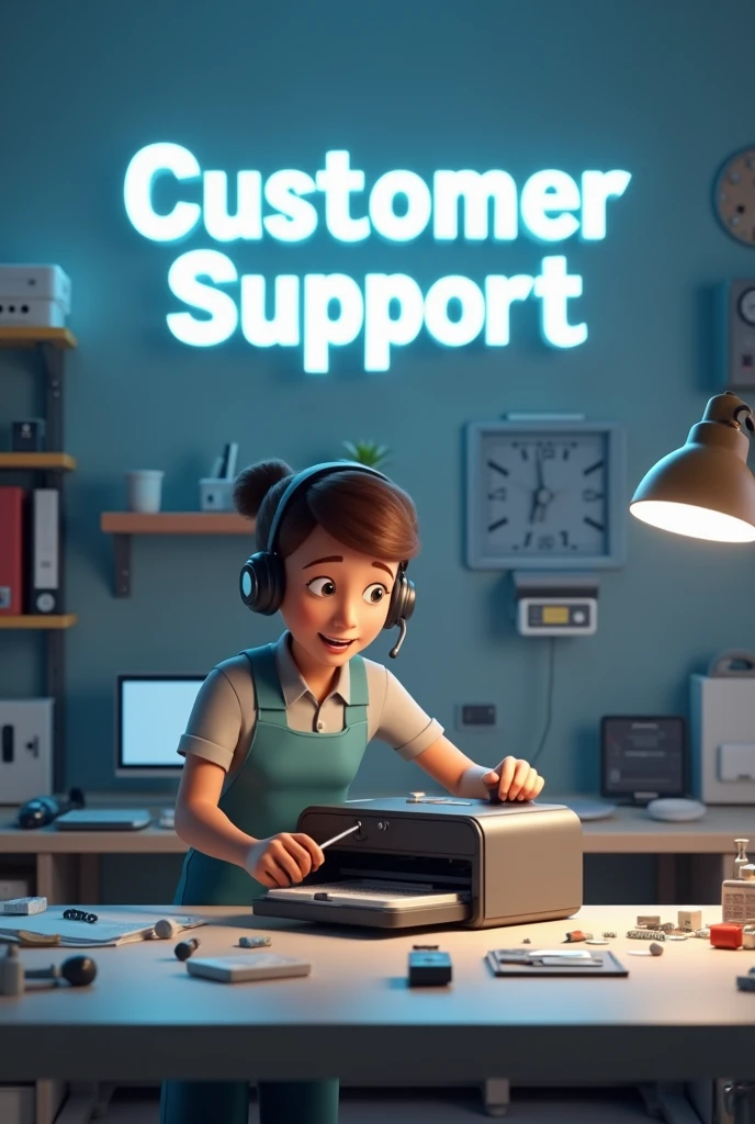 3D Animation Good Technical Room with big text "Customer Support" in the wall 
With a technichian in front of the broken mini printer and beside many part hold the screw driver for repair broken mini printer