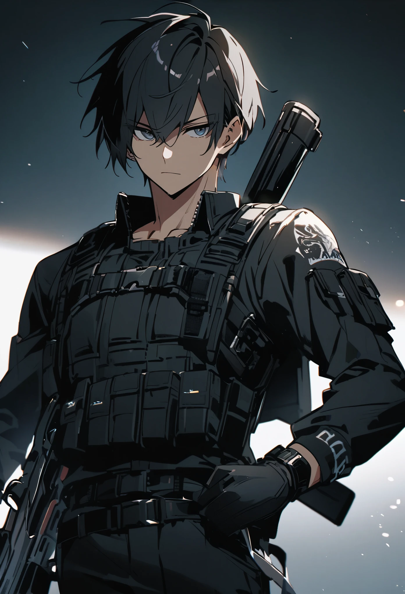 One Man aldult 男らShii Fair skin Black Hair Rin々Shii Handsome cool Black clothing Short Hair cool Expressionless Firearms
