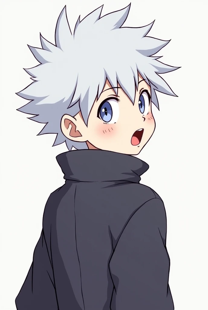 O killua 2d "Simpler" away from the camera "suprised" "with shining eyes" looking to the right side