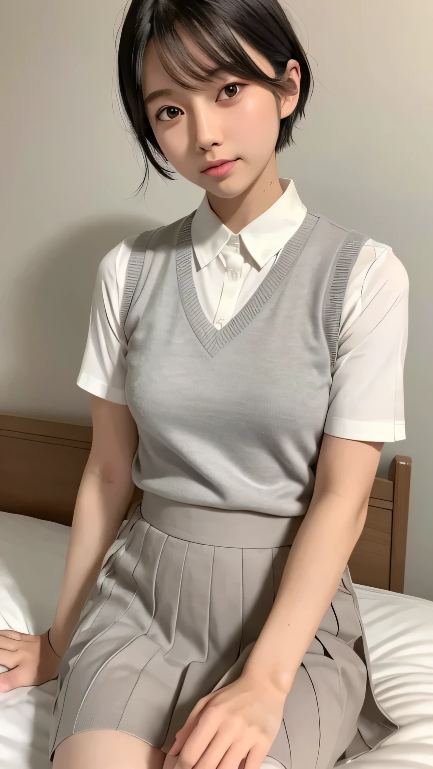 Highest quality、Realistic、、zoom、Primary school students、man、cute、Light grey eyes、Black Hair、short hair、Tanned brown skin、Dark Skin、Shirai short sleeve blouse、Ivory knit vest、Grey pleated skirt、Flat Chest、、thin、bed、
