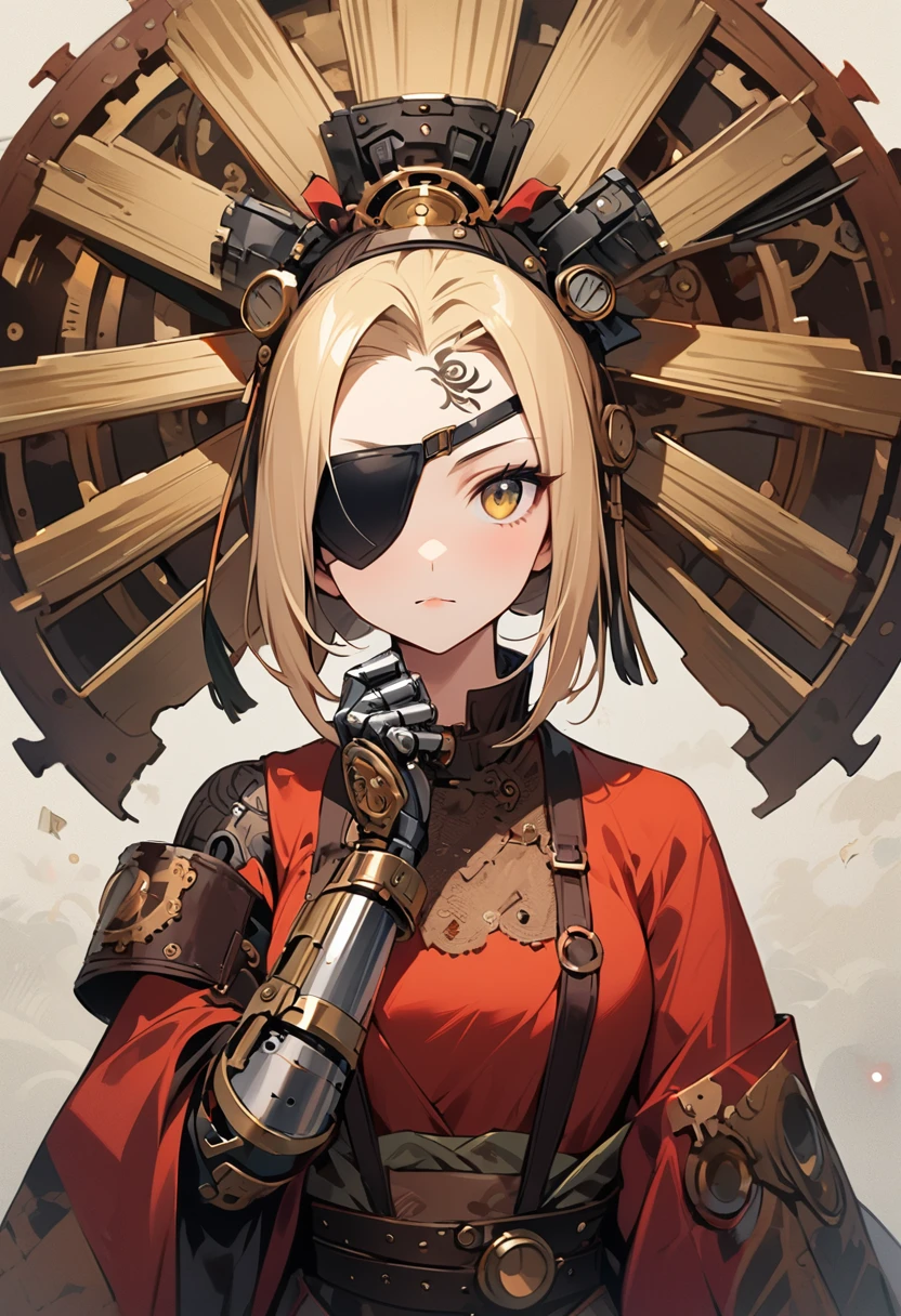 Ink painting, (((1 girl )), (((Tattoo in the middle of the forehead))), (((Oiran))), (((Great hair accessories))), Demon possession, ((Eye patch over:1.3)), (((Masterpiece、Highest image quality、Highest quality、Extremely detailed unit 8kWall paper))), ((Illustration of one girl、Upper body covered))、(((beautiful girl))), (Female pirates), (Light golden hair、short ponytail;:1.2、Yellow eyes), (((Artificial body and hands、Steampunk prosthetic arm and body)))、 ((long)), Graceful arms, Graceful legs, (Team captain'suit、Pirate hat、Blue coat), Inside the ship