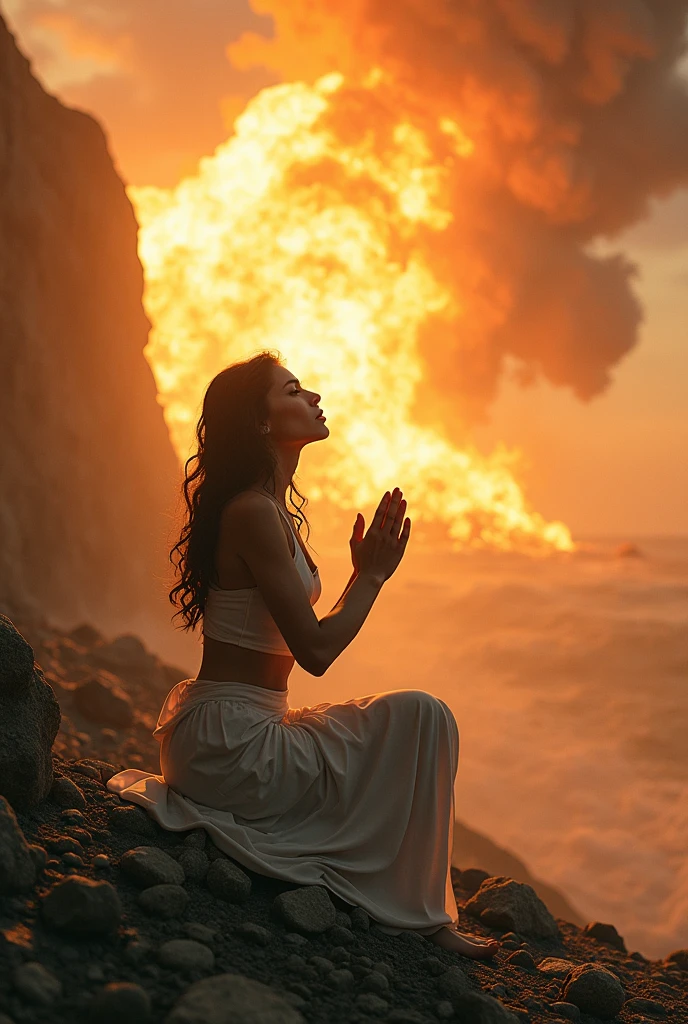 (photorealism:1.2), beautiful woman, begging to the god she is sitting on the rocks, some of the rocks exploded, smokes, sunset lights