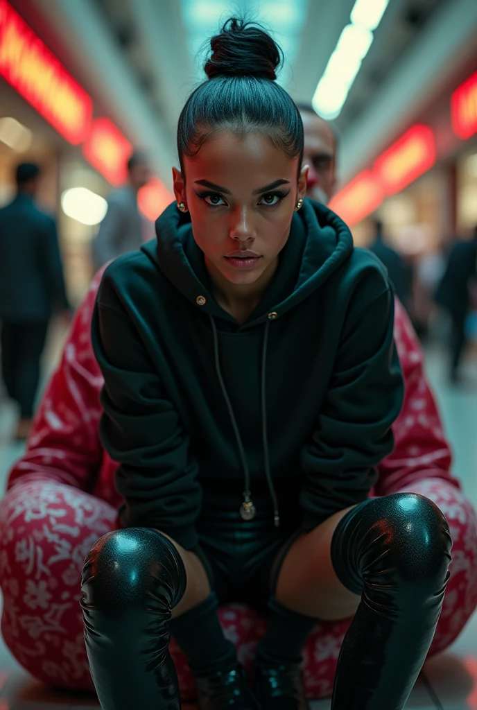 black woman hair in a bun black hoodie black leather short shorts excited look on her face with eyes really big and wide open setting on scary clowns lap at the mall side full large picture shot
4k romantic sexy camera angle looking up from her feet up