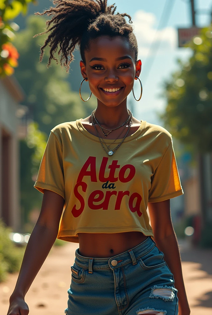 20 year old black woman, with styled hair and undercut. She is cheerful and spontaneous. Half a dyke. It's also very sporty, excellent swimmer has a more laid-back style, wearing a t-shirt that says Alto Da Serra in red, half dark academia, dc comics style