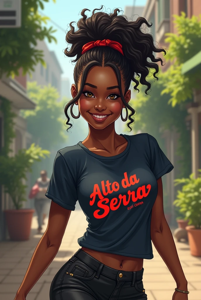 20 year old black woman, with styled hair and undercut. She is cheerful and spontaneous. Half a dyke. It&#39;s also very sporty, excellent swimmer has a more laid-back style, wearing a t-shirt that says Alto Da Serra in red, half dark academia, dc comics style
