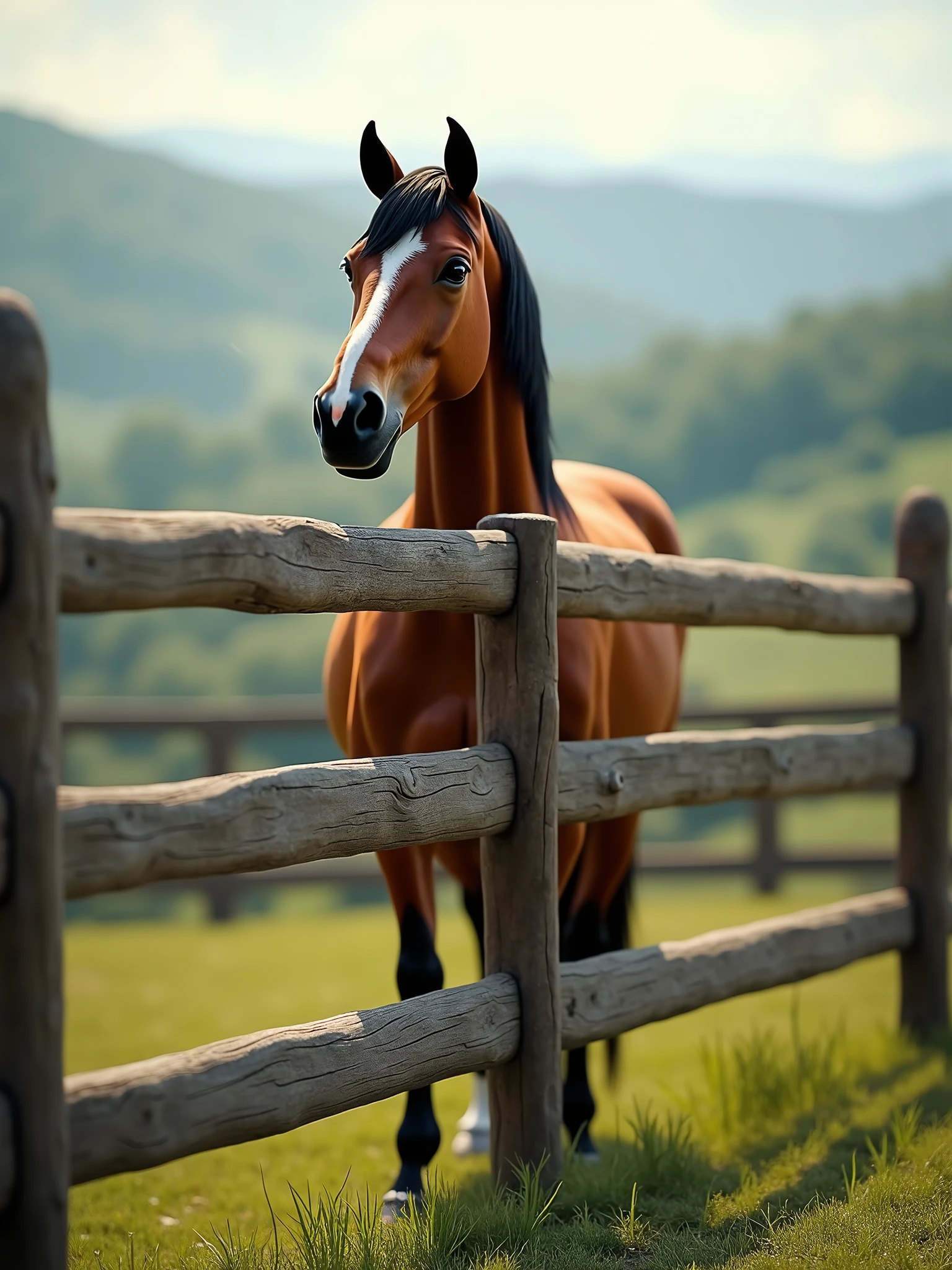 a three rail equstrian fence with a beautiful horse behind it. photo realistic, 32k, ultra real
