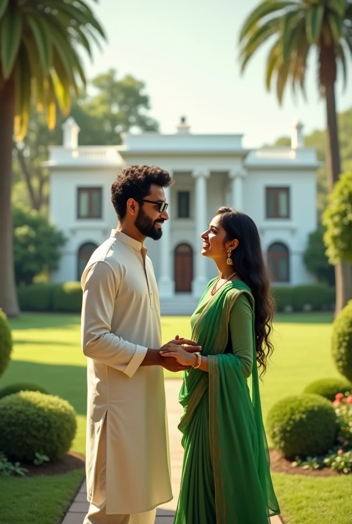 A scene where a thin boy with facial hairs and good hairs oblong sttucture thin face wearing glasses in white kurta teasing his wife in green salwar suits in the middle of the garden of his mansion of white color