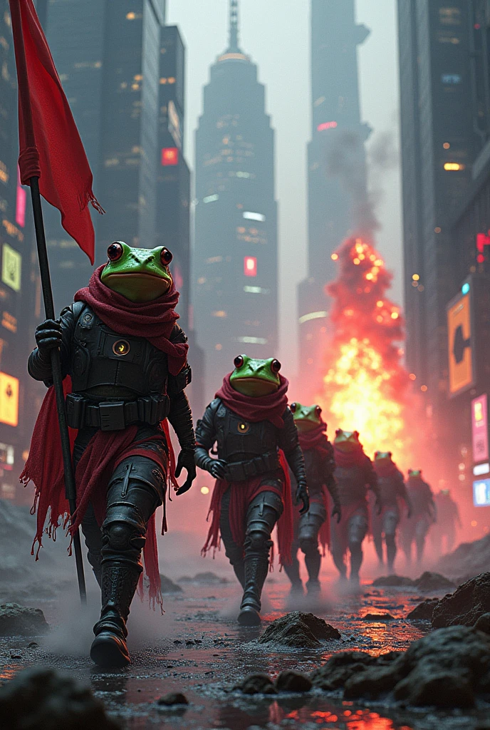 Landscape image, hd, Cyberpunk Ingress enlightened frog agents, explosion background, charging forward, holding long single line banner that says SECOND SUNDAY