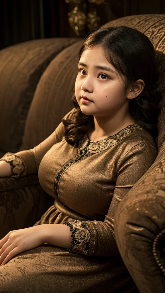 a  obese girl, chubby cheeks, round face, double chin, thick arms and legs, wearing a , sit on sofa, realistic, detailed, highly detailed, intricate details, photorealistic, 8k, masterpiece, dark , cinematic lighting, dramatic shadows, 