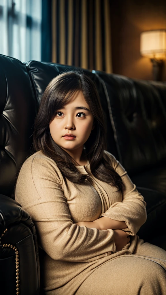 a  obese girl, chubby cheeks, round face, double chin, thick arms and legs, wearing a , sit on sofa, realistic, detailed, highly detailed, intricate details, photorealistic, 8k, masterpiece, dark , cinematic lighting, dramatic shadows, 