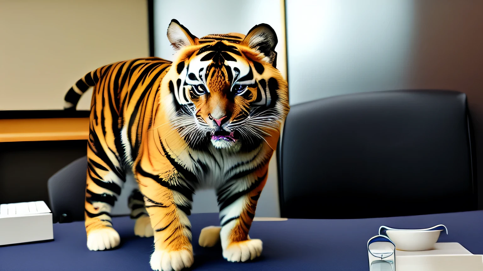 Inside the office conference room、Mike, a cute calico cat with big chubby eyes, is standing with a surprised expression。Opposite Mike、The big tiger-striped cat, Chief Tiger、He is banging on the table in an angry manner.。Mike's face was clearly tense.、Opening your big eyes even wider。An office wall and whiteboard can be seen in the background.。in style of ultra realistic、The cats' expressions and movements are exaggerated to look like humans.。