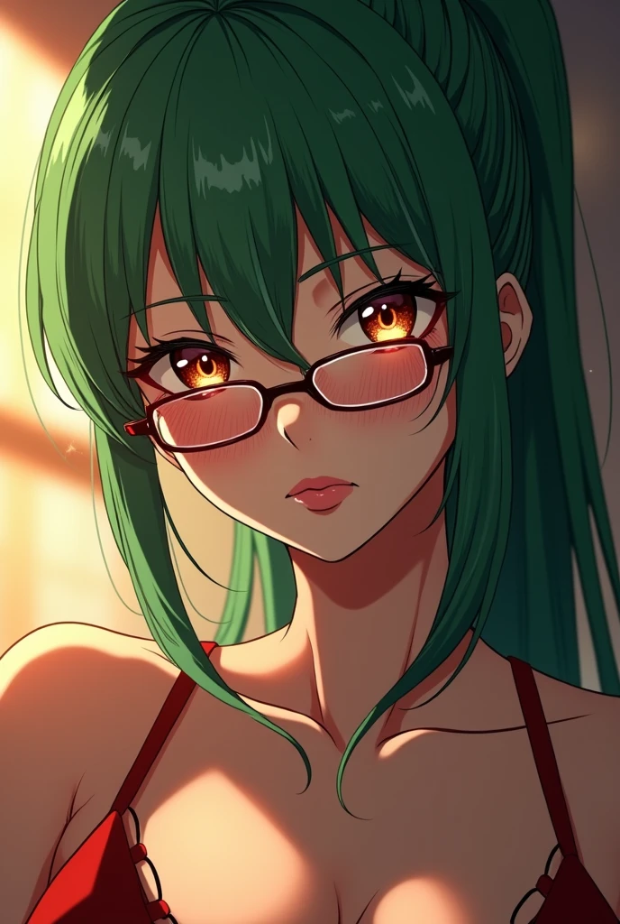 1girl, ((Zenin Maki from Jujutsu Kaisen)), elegant erotic beautiful girl, ((long green hair with pony tail and straight bangs)), detailed face portrait, (((glasses))), maxi dress, adultery, indecent, vulgar, (best quality,4k,8k,highres,masterpiece:1.2),ultra-detailed,(realistic,photorealistic,photo-realistic:1.37),intricate details, delicate facial features, beautiful amber eyes, ulzzang, long eyelashes, small nose, full lips, porcelain skin, natural lighting, warm color palette, chiaroscuro lighting, dramatic shadows, sensual, alluring, mature themes, artistic, dreamlike, ethereal, sideboob, cleavage, looking at viewer, ulzzang, (amber eyes), (close up face portrait), big breasts, in the style of a graphic poster, hand drawn, 
