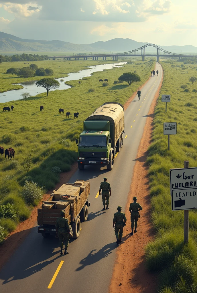 Zambia soldiers escorting the truck which is Caring some bible from Mongu to Lealui in historical plain of barotseland use a good road and show the plain in which the road is passing include some bridges and water passing under, also show that the plain is flooded with good vegetation, also show the traditional boys taking care of grazing cows also show that the road is tarmac, use road signs to show Lealui turn off
