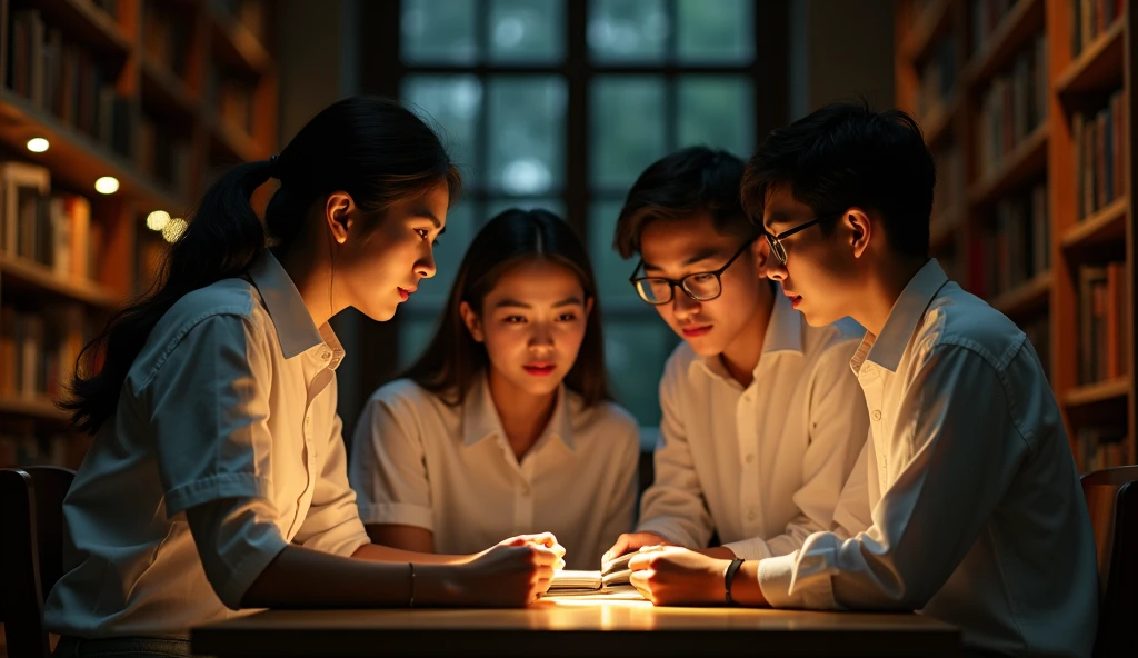 A group of students wearing white shirts gathered in a dimly lit library, their faces illuminated by the warm glow of the reading lamps. They whisper secrets about a mysterious, hidden garden within the university grounds.