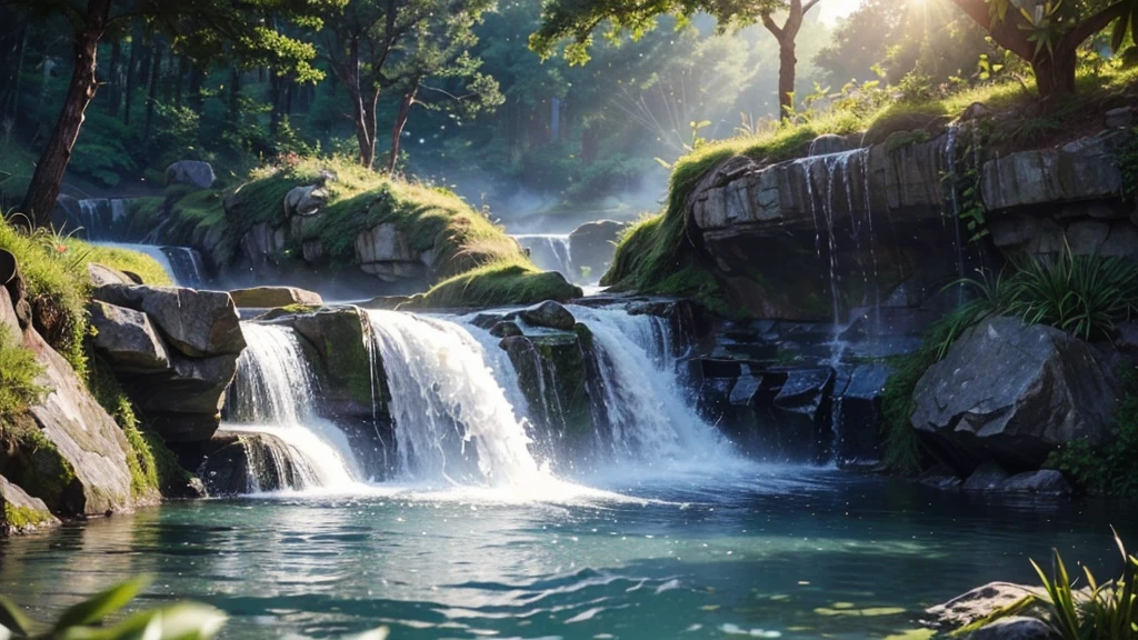 (logo、wonderful、8k、Tabletop、RAW Photos、wonderful、最high quality、フォトリアリスティックかつVery detailed、CG、high quality、Very detailed、Narrative poem、Particle Effects、Dynamic Effects、Text Boundary Depth、Cinematic Light、Lens flare、Ray Tracing、Tabletop、Genuine、Ultra HD、Fantasy)、Beautiful Water、Splash、Water flow、Water swell、Great beauty、透き通ったgreenい水の美しさと輝き、The tranquility and beauty of water、wonderfulWind景、Beautiful natural water、green、Wind、wonder、wonderful
