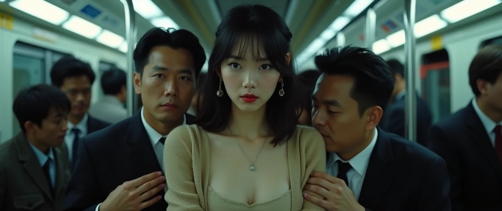 (32K:1.9, Horror depictions:1.9, Highest quality, masterpiece, Ultra-high resolution, Professional random angle camera work:1.5, Very detailedな肌と顔の質感:1.4), Always accurate, Very detailed, bag, (Cute Japanese Woman, Camisole dress and cardigan:1.6, Incredibly slim body:1.3, areola is not visible:1.4, Big breasts on the verge of collapse), ((Crowded train:2.0, Crazy behavior:1.9, in the train、Two middle-aged men hugging a woman from behind:1.7)), belt, Fair skin, elegant, sense of cleanliness, Thin eyebrows, (cry:1.0, Puzzled:1.0, A look that shows deep contempt for you:1.0, Big eyes that exude beautiful eroticism:0.4, Open your mouth a little, lipstick, Feel the beautiful eroticism:1.0, Dark brown medium hair), Earrings, necklace, bracelet, romantic, mysterious, Object of admiration, original, dramatic, artistic, Innovative, charm, Heartful, Fancy, Tilt, sense of loss, special, ((exciting, Extreme, sense of openness, suffering, sufferingの表現)), ((Mistakes of Youth, 女性的なcharm))