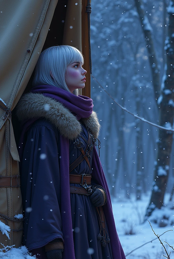 (Ultra-detailed face, looking away, Fantasy Illustration with Gothic, Ukiyo-e, Comic Art, Rich colors), 
BREAK 
(A female dark elf ranger looks up at the sky from the entrance to her medieval-style leather-grafted tent and wonders about the weather. It is late at night outside, there is no wind, and the snow is falling deep. It is very cold and his breath is white.), 
BREAK 
(This is the extreme cold of the north. The trees in the forest have turned to ice, the starlust is falling, and the air is so cold that it glistens. Snow continues to fall and fresh snow piles high in the air.), 
BREAK 
(DarkElves: A young-aged dark elf woman with silver color hair, blunt bangs, bob cut and dark purple color skin, lavender color eyes.), 
BREAK 
(DarkElves: A female dark elf ranger is wearing a thick, fur-lined cloak with a hood. She wears a woolen scarf and gloves.)