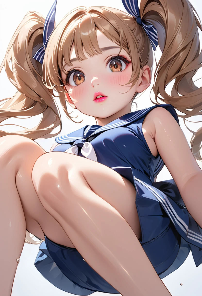 Highest quality, masterpiece, Ultra-high resolution, Realistic:1.2, RAW Photos, Intricate details, Portraiture,　Big beautiful brown eyes:1.2, Perfect contours, Perfect proportions:1.2, ((New crew member:1.2、clumsy person:1.5)), break　((full body:1.2, ((from below:1.2)), (front shot:1.2), looking away:1.2)), ((ite, short, tinrl:1.2)), Light Brown Hair、((long hair, twintails:1.2)), (makeup:1.2, full lips:1.3, pink lips:1.3, shiny lips:1.3, parted lips:1.2), ((Sailor costume:1.2, Sailor&#39;s Shoes)), break　((Hold your mouth、Place your hands on the floor、Kneeling on the floor、Leaning forward:1.2))、(Crying face:1.2), (The background is the deck of a luxury cruise ship:1.2、A few sailors are wandering around), (empty-handed)