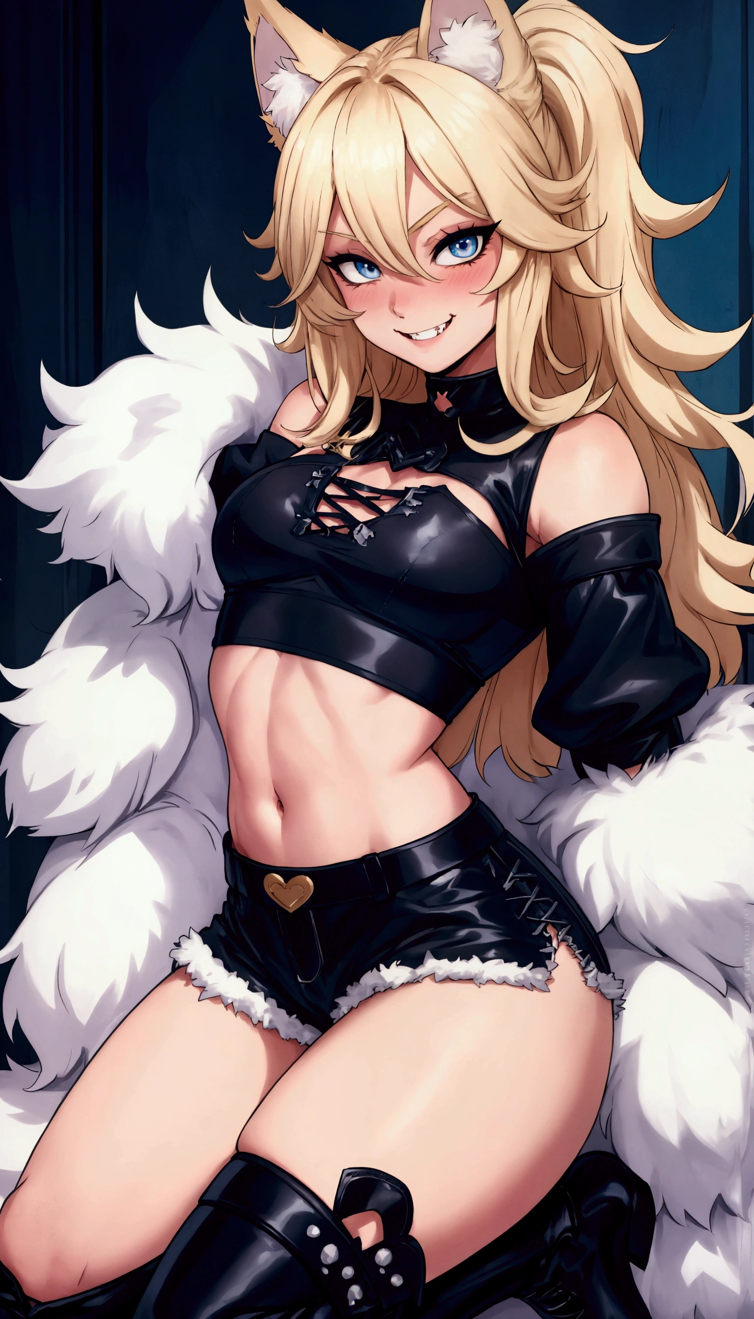 satyr, goat_horns, legfur, animal ears, solo, 1girl, blonde hair, short hair, amber eyes, dark skin, (gyaru), gyaru clothes, gyaru hair, (tomboy), large breasts, (tall),