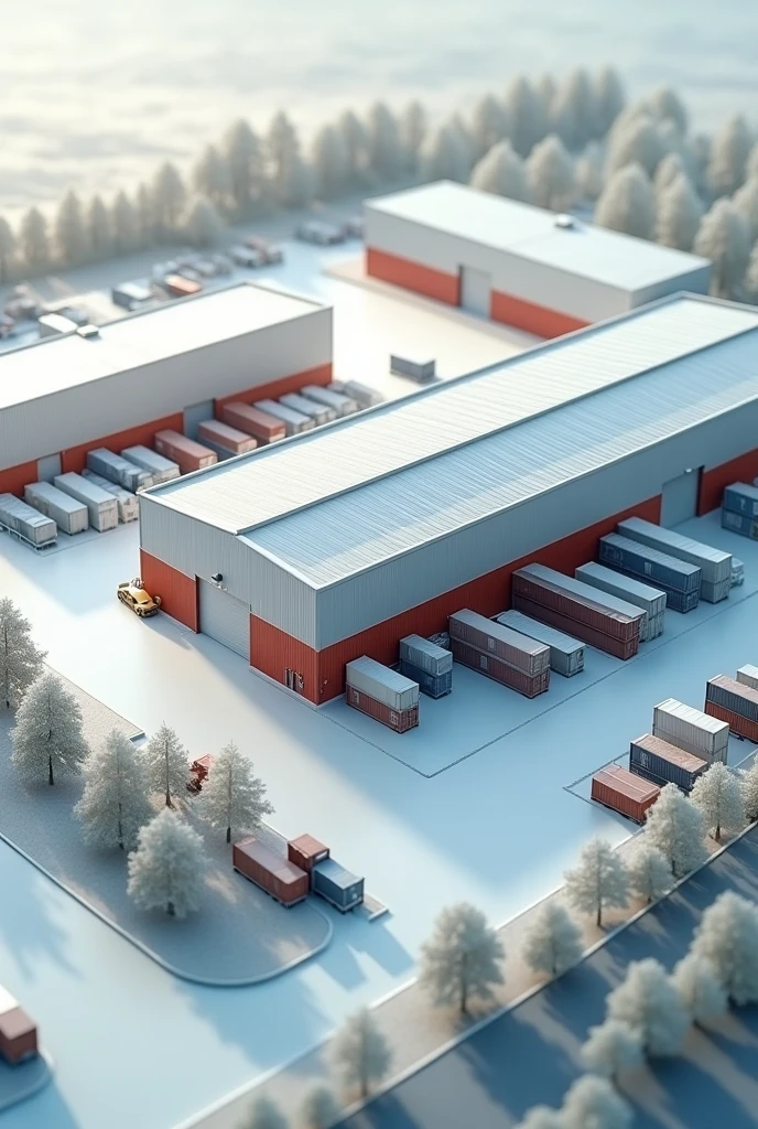 Image model of a warehouse with an exterior view from above that has a Reception Door to the south and a Dispatch door to the west. Type of dynamic storage system with exterior space for a yard of about 15 containers and an area of 30 exclusive parking spaces. 