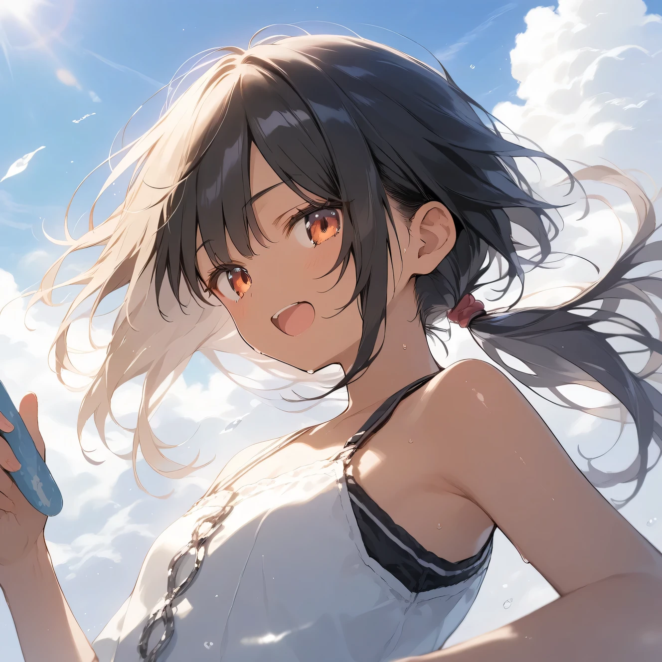 score_9, score_8_up, score_7_up, source_anime, best quality, masterpiece, official art, absurdres, highres, ultra-detailed,waifu2x,Collection: Slice of Life,break,1girl, tomboy, dark-skinned female, short hair, low ponytail, flat chest, beautiful detailed eyes, short shorts, sweat, open mouth, (yawn:0.3), sleepily, outdoors, wind,break,(clear line illustration:1.2), super detailed skin,very high resolution, very aesthetic, Best sexual lighting powered by famous artist, 8k,cute picture,beauty illustration,photoshop_(medium),,(Detailed Lighting),best anime 8k konachan wallpaper, pixiv contest winner,