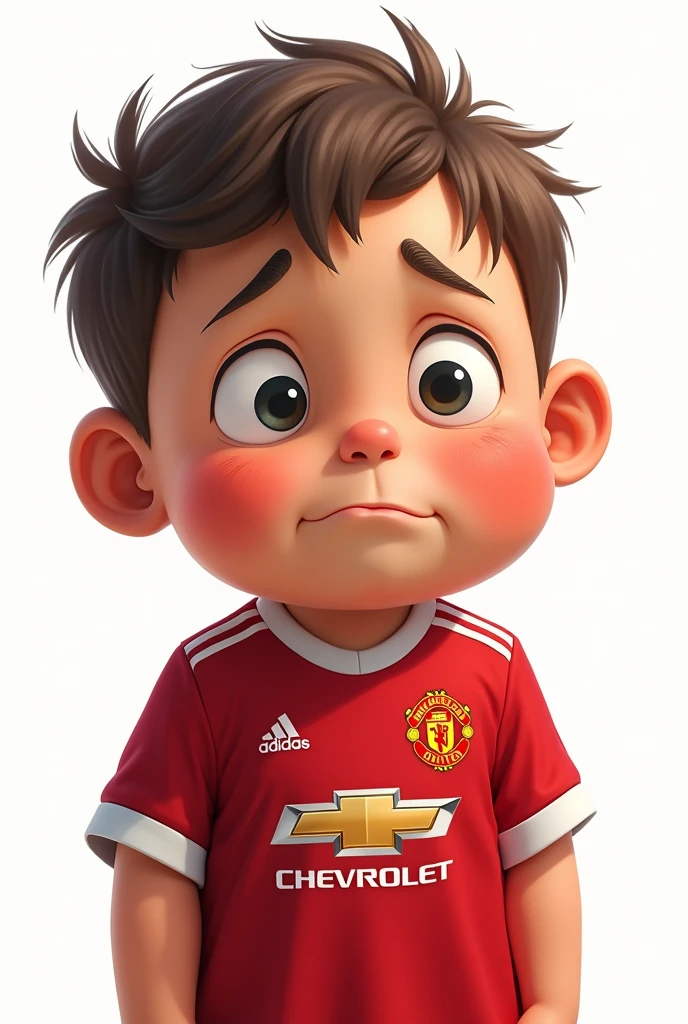 Illustration: A cute little chubby boy wearing a Manchester United shirt shows a sad expression in a funny, realistic style with a white background