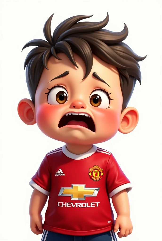 Illustration: A cute little chubby boy wearing a Manchester United shirt shows a sad expression in a funny, realistic style with a white background