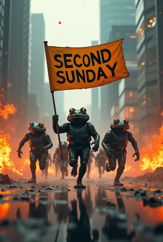 Landscape image, hd, Cyberpunk Ingress enlightened frog agents, explosion background, charging forward, holding long banner that says SECOND SUNDAY