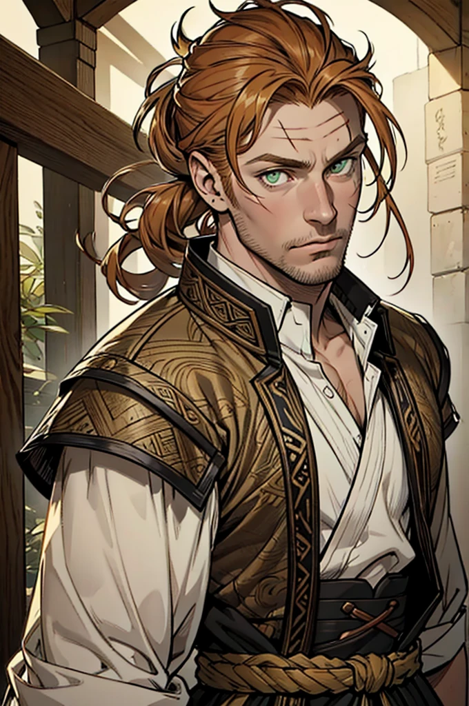 (masterpiece),(Very detailed),(Very detailed),(best quality), perfect lighting, fantasy man, 40 years old, solo ((short messy ginger hair)), muscle, correct proportions, facial details, martial arts, high ponytail hairstyle, tall, stunning, beautifull face, green eyes, fantasy clothing, animated style, perfect face, scar on the eye, highest detail, stubble, detailed face, intricate details, determination