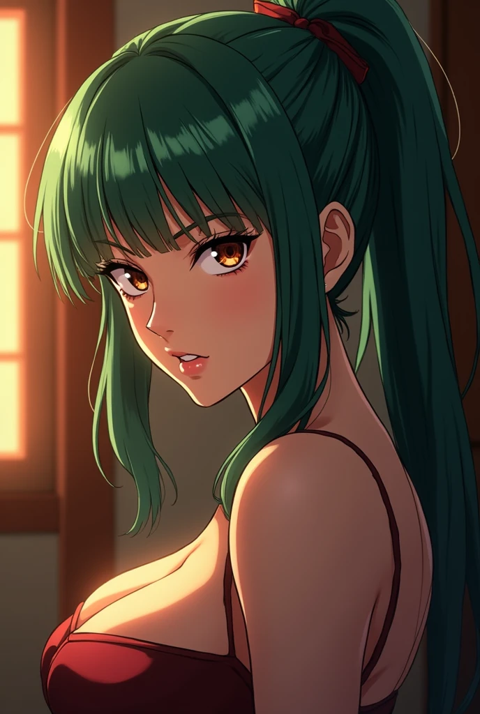 1girl, ((Zenin Maki from Jujutsu Kaisen)), elegant erotic beautiful girl, ((long green hair with pony tail and straight bangs)), detailed face portrait, (glasses), maxi dress, adultery, indecent, vulgar, (best quality,4k,8k,highres,masterpiece:1.2),ultra-detailed, intricate details, delicate facial features, beautiful amber eyes, ulzzang, long eyelashes, small nose, full lips, porcelain skin, natural lighting, warm color palette, chiaroscuro lighting, dramatic shadows, sensual, alluring, mature themes, artistic, dreamlike, ethereal, sideboob, cleavage, looking at viewer, ulzzang, (amber eyes), (close up face portrait), big breasts, illustrative graphic design poster style, energy, angst,