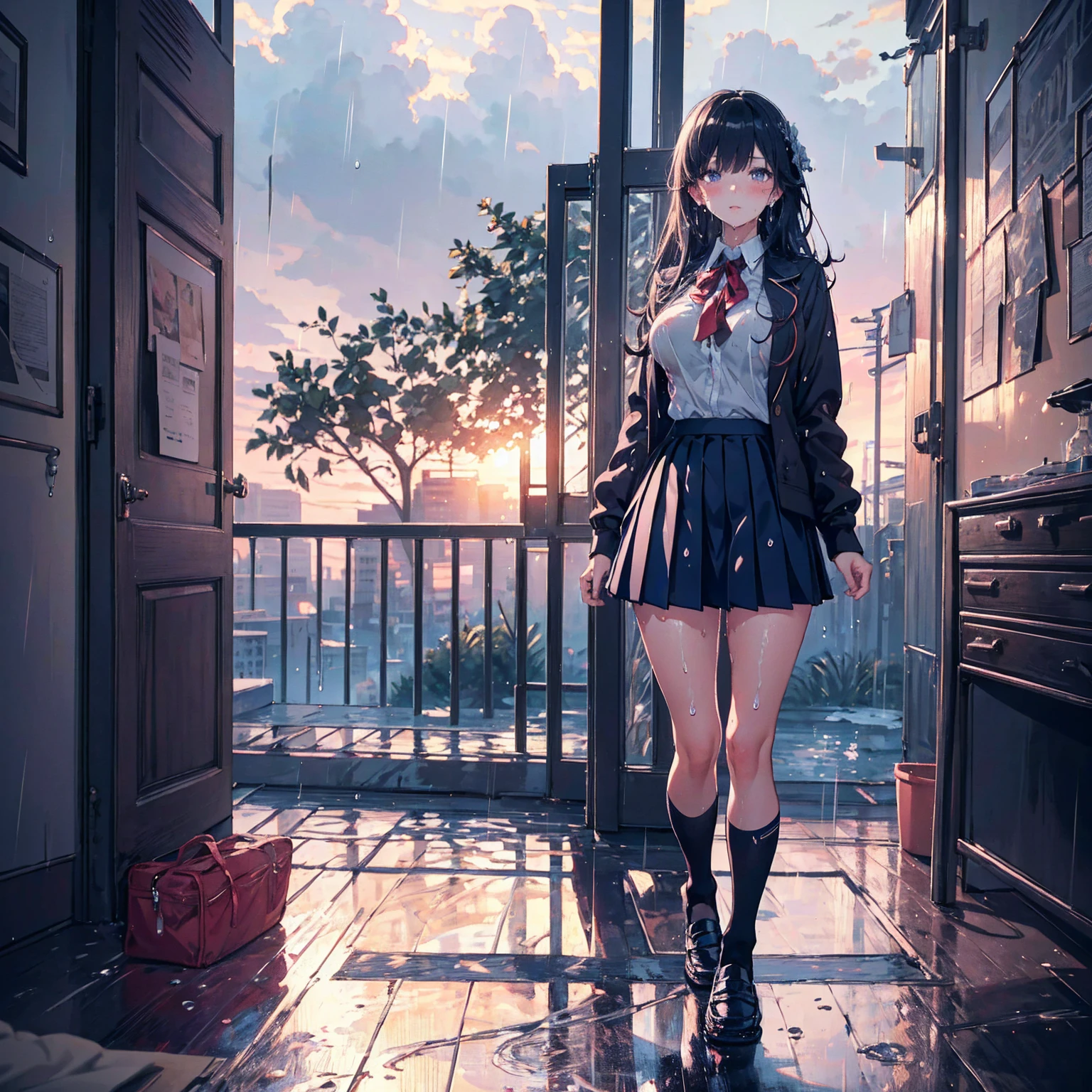 Anime Waifu beautiful detailed eyes, beautiful detailed lips, extremely detailed eyes and face, longeyelashes, 1girl, sensual, young woman, medium breasts, beautiful feminine face, nice thighs, slim, sexy, erotic, beautiful clothes, perfect body, cinematic lighting and framing, (best quality,4k,8k,highres,masterpiece:1.2),ultra-detailed,digital painting,portrait,glamorous,highly detailed,soft lighting,warm color tones , (beautiful girl: 1.3),1girl,masterpiece, Highest quality, Ultra-high resolution,rich contrast,super high quality,8k,Highly detailed CG unit wallpaper,texture,Incredibly absurd,Ultra-high resolution,RAW Photos,Depth of Field 1.2,overlooking,(magnificent panorama view:1.3),(High School Uniform&Pleated skirt:1.5),Black Hair,Crown braid,Ultra-detailed eyes,(sensuous),Glowing Skin,loafers,leaves dripping with rain,sunlight through trees,post-rain aroma,Her jacket is open and her breasts are exposed,blush,Sigh,look up,(((Wet))),((Large Breasts)),After the Rain,pencil drawing