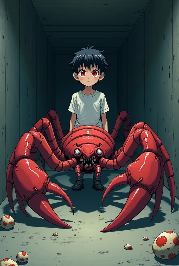 A boy's lower_body is transformed into a scorpion(Japanese anime style)(drider)(student costume)(eight legs)(entire spider_body)(red eyes)(basement)(eggs on floor)