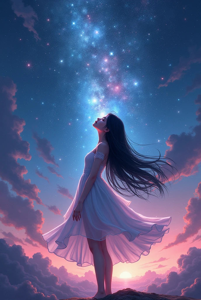 universe、Starry Sky、Sparkle、shine、aura、colorful、Enter into a small、Woman looking up with eyes open、Pink Eyes、Long Hair、Black Hair、Beauty、Asian、