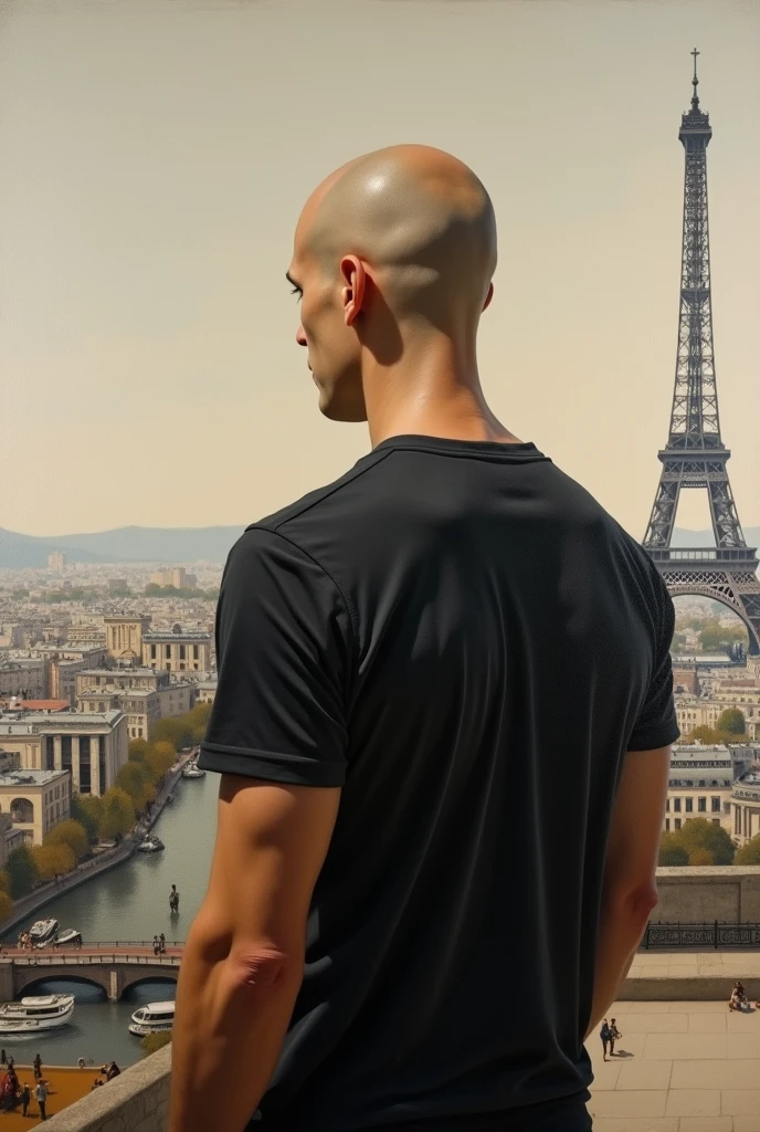 create a Renaissance oil painting style image of a bald man in Paris. he is completely turned away, you can't see his face, facing away from the camera, wearing a chic basic black t-shirt. white in color and the tower away from the full body photo