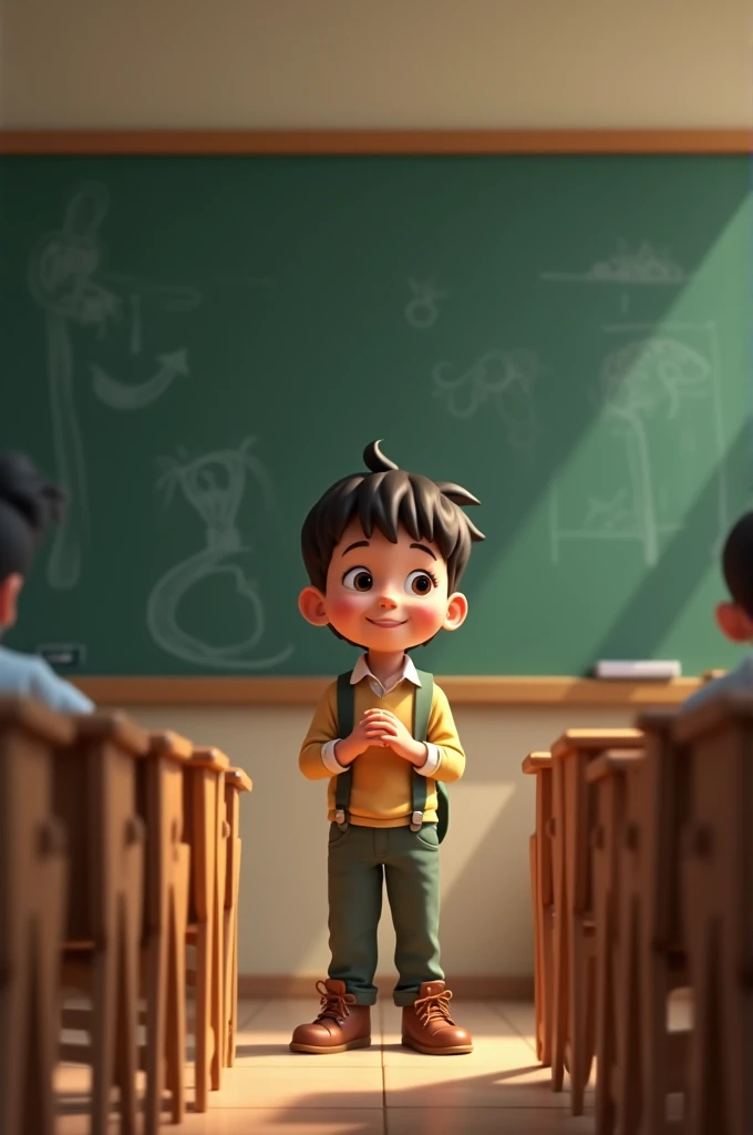 A young boy named Sapling stands in front of the classroom board.