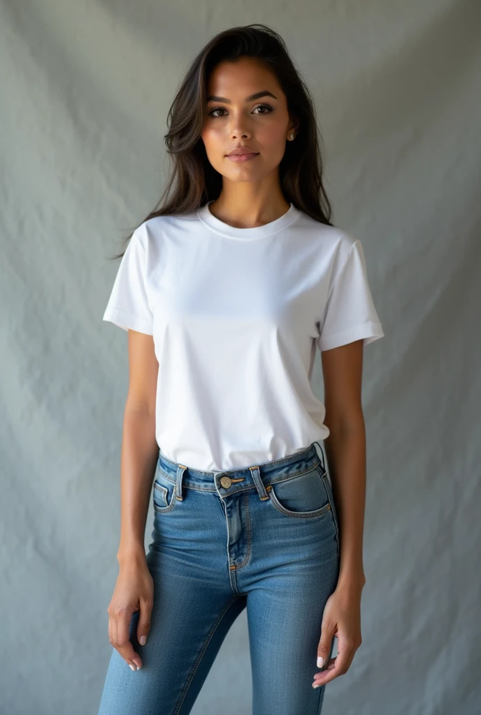 beautiful latin woman, standing straight facing forward,with white t-shirt, denim jeans pants, on a greyish background, cotton t-shirt texture, fitted t-shirt, round neck, striped tights. Medium camera shot.