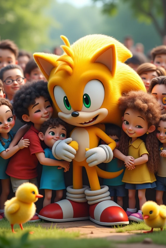 Yellow Sonic hugging with adults and young people and the chicks 