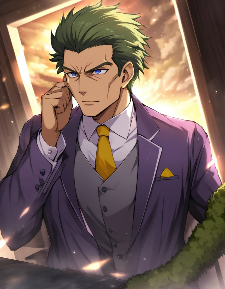 1man, mature father in hentai anime style, dandy president, moss olive hair, darkblue eyes, arafed businessman hairstyle, spiky hair slicked back, ideal ratio body proportions, BREAK over 40s, elder producer, toned dilettante, ordinary, high cheekbones, broad shoulder, square shaped face, handsome, BREAK violet formal jacket, purplewhite shirt, yellow necktie, simple costume, BREAK solid smile, cool emotion, BREAK solo, upperlegs, smart expression, eroge cg, 2000s, visual novel, in nitroplus style, BREAK depth of field, dutch angle, cinematic shadows, cinematic lighting, lens flare, light leaks, texture, absurdres absolutely resolution, extreme all detailed, greatest painting, BREAK masterpiece, best quality