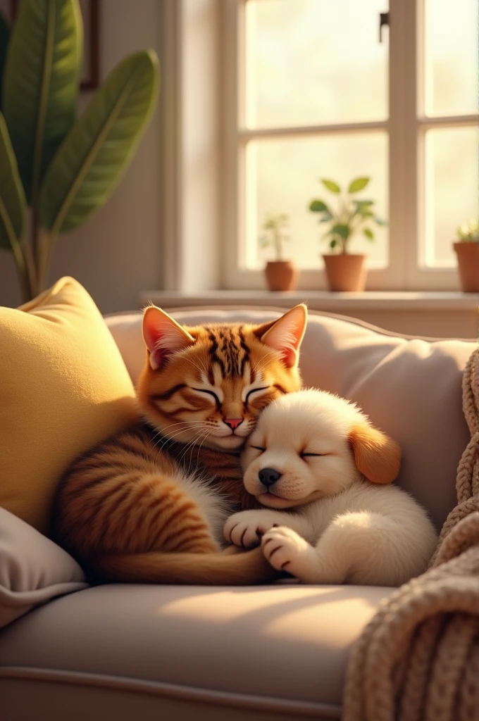 A cozy scene with a fluffy tabby cat named Whiskers and a playful puppy named Max napping together on a couch. The room has a warm and inviting atmosphere