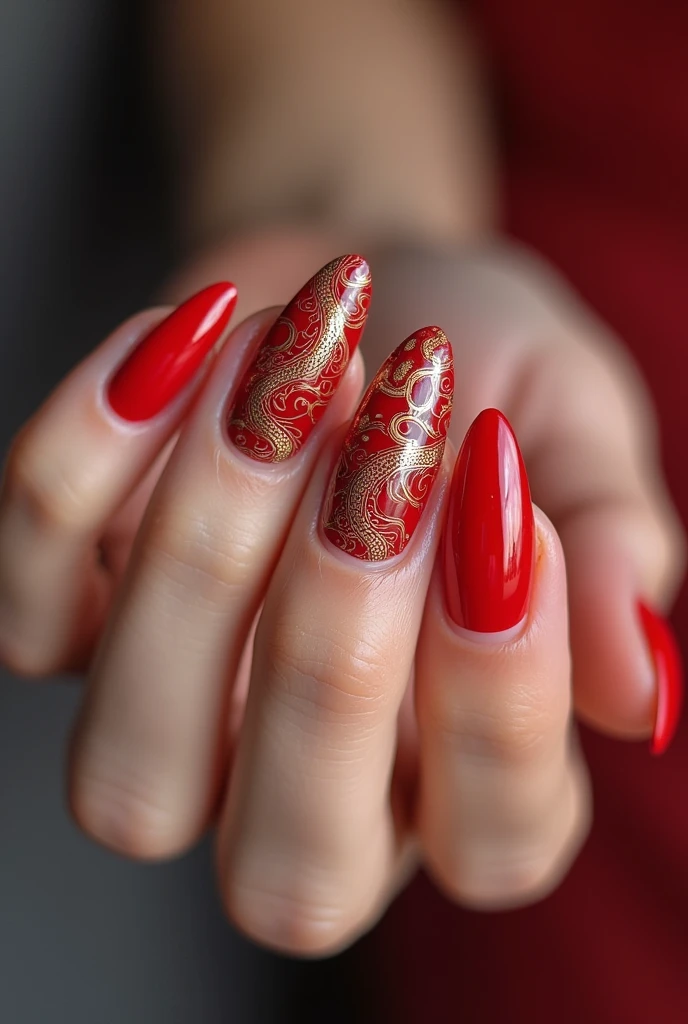 Red nails with Japanese dragon design