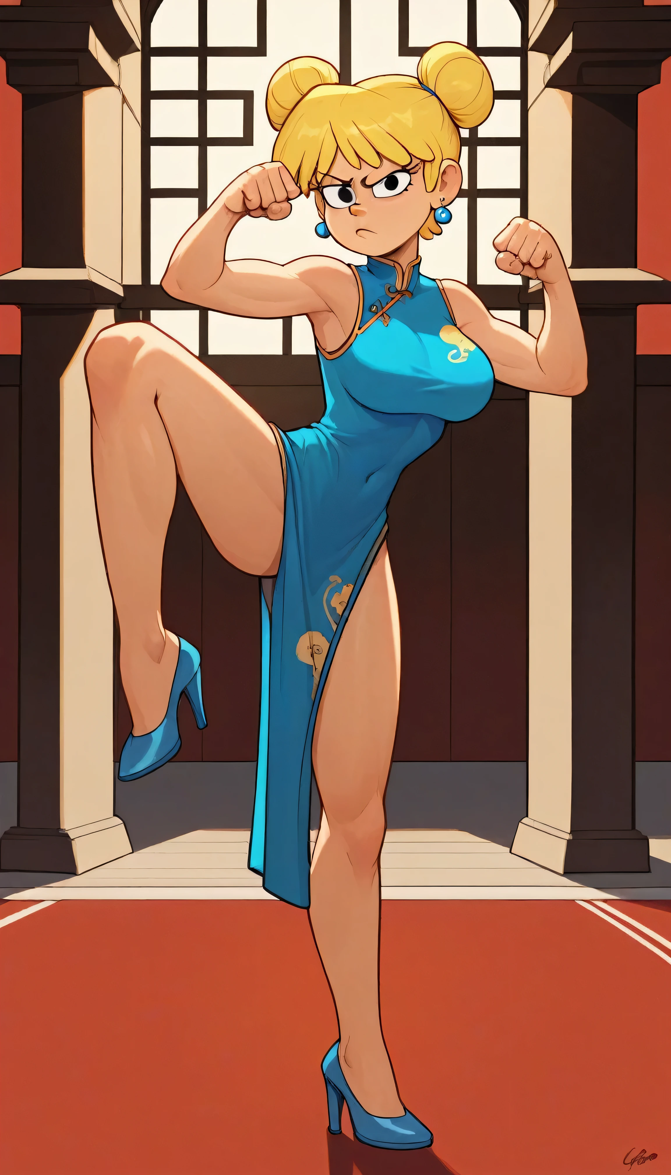 lori loud, 1girl, solo, 24yo girl, blue cheongsam,  inside of a chinese style temple, large breasts, looking at viewer, blonde hair, short hair, two hair buns , hands  score_9, score_8_up, score_7_up, high heels,teep fighting stance,martial arts