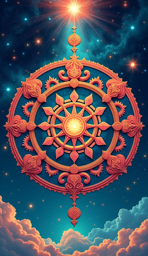 Aesthetic High definition 4k wallpaper based on colorful, detailed and elaborated illustrated ambigram of hindu symbols in Indian style and circular mandala form with an astounding extraterrestrial background