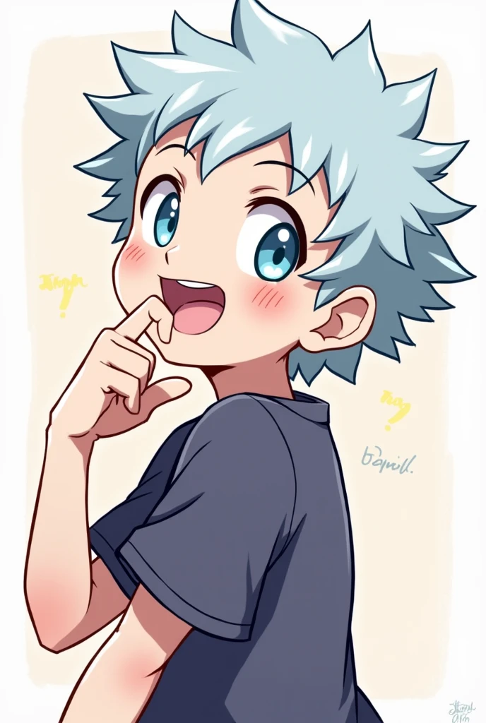 O killua 2d "Simpler" away from the camera "happy" "with shining eyes" looking to the left 