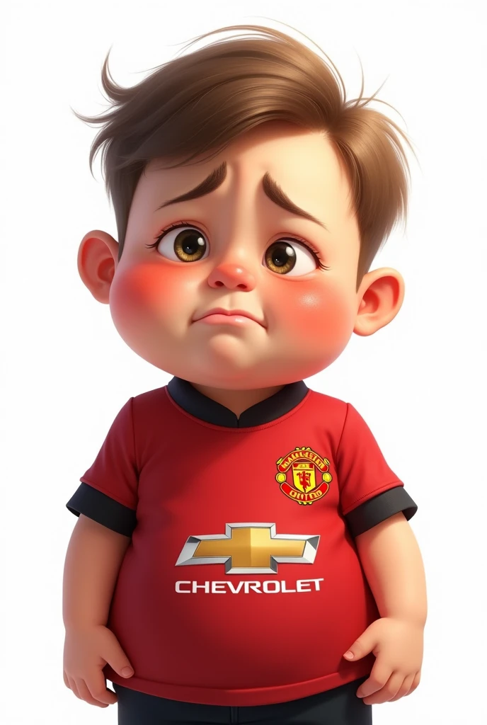 Illustration: A cute little chubby boy wearing a Manchester United shirt shows a sad expression in a funny, realistic style with a white background